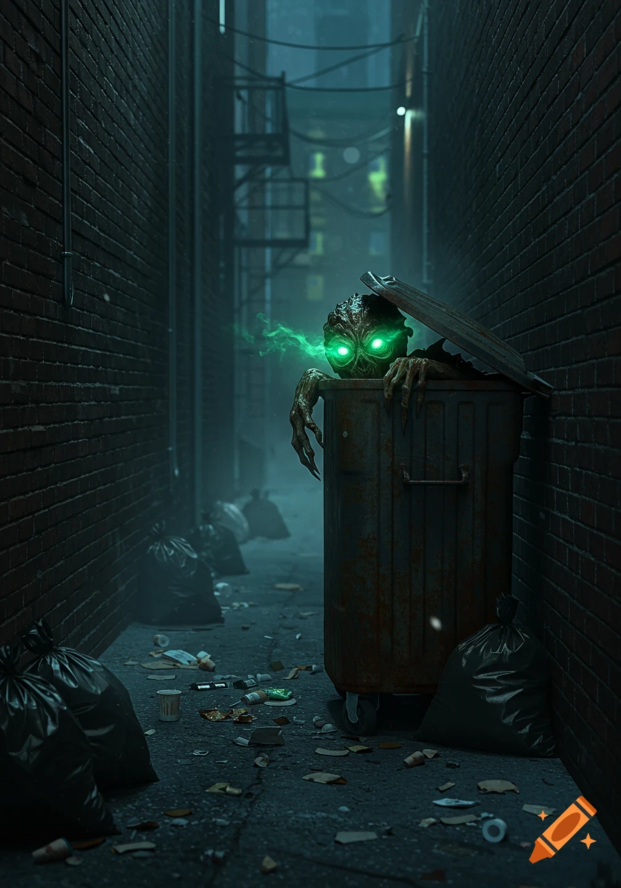 A creepy monster with glowing green eyes and clawed hands peering out of a rusty trash can in a dark, dirty alley at night.