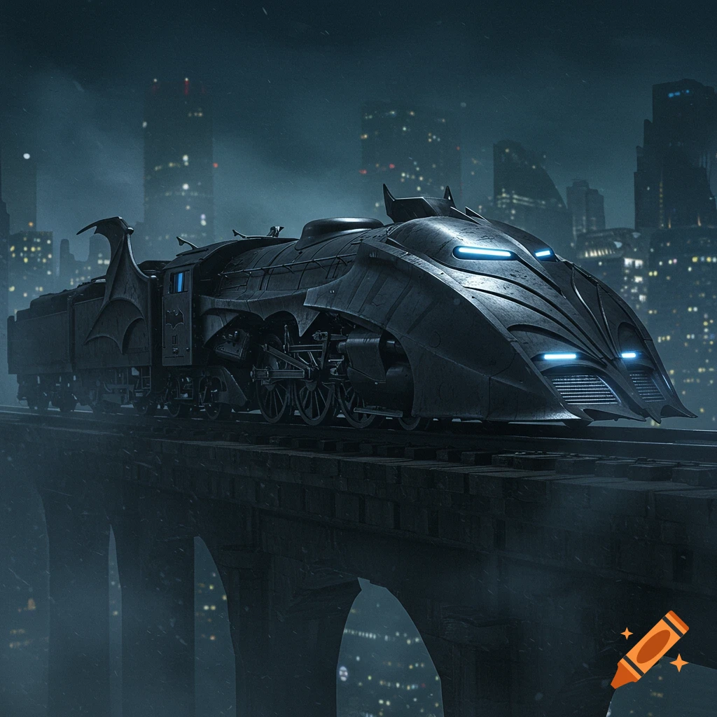 A dark, futuristic Batman-themed train with glowing blue lights travels on a bridge over a city at night.