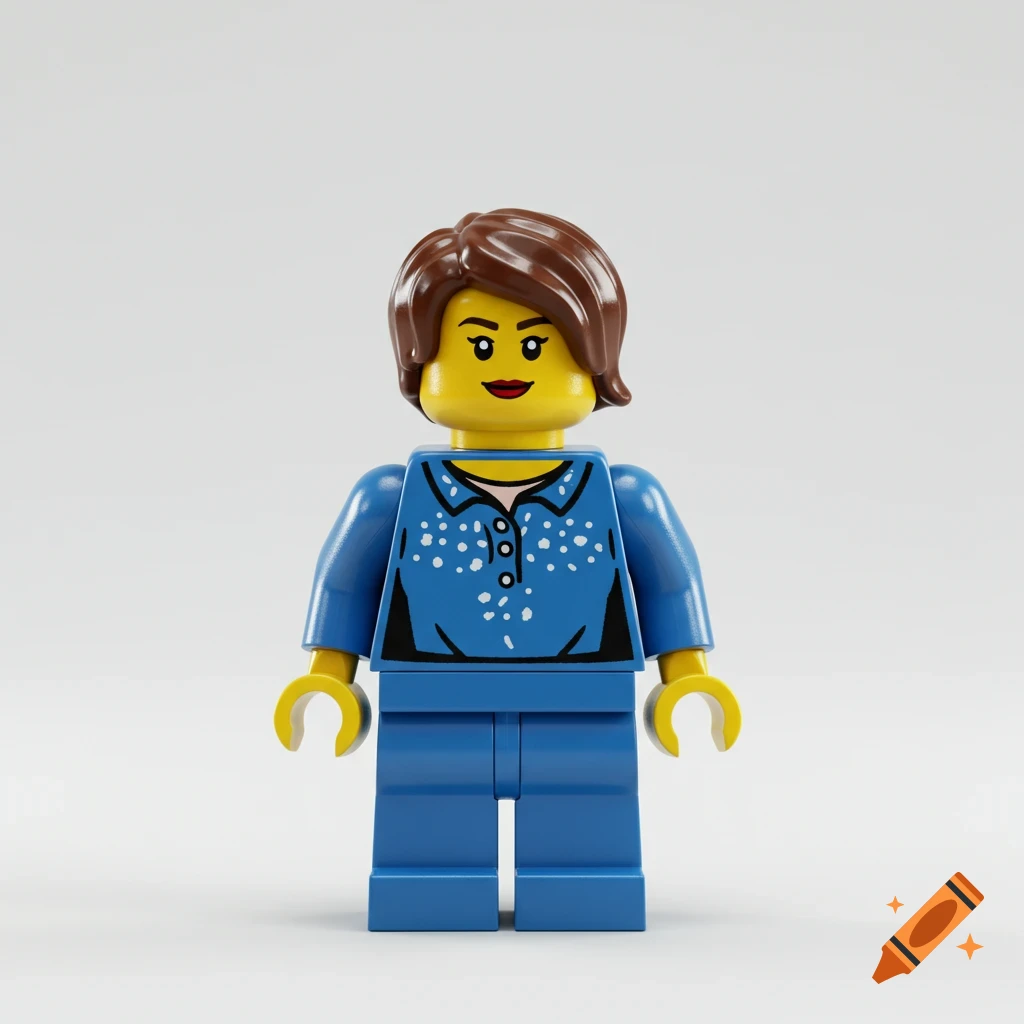 A female Lego minifigure with brown hair, a yellow head, and a blue shirt with white dots, stands against a white background.