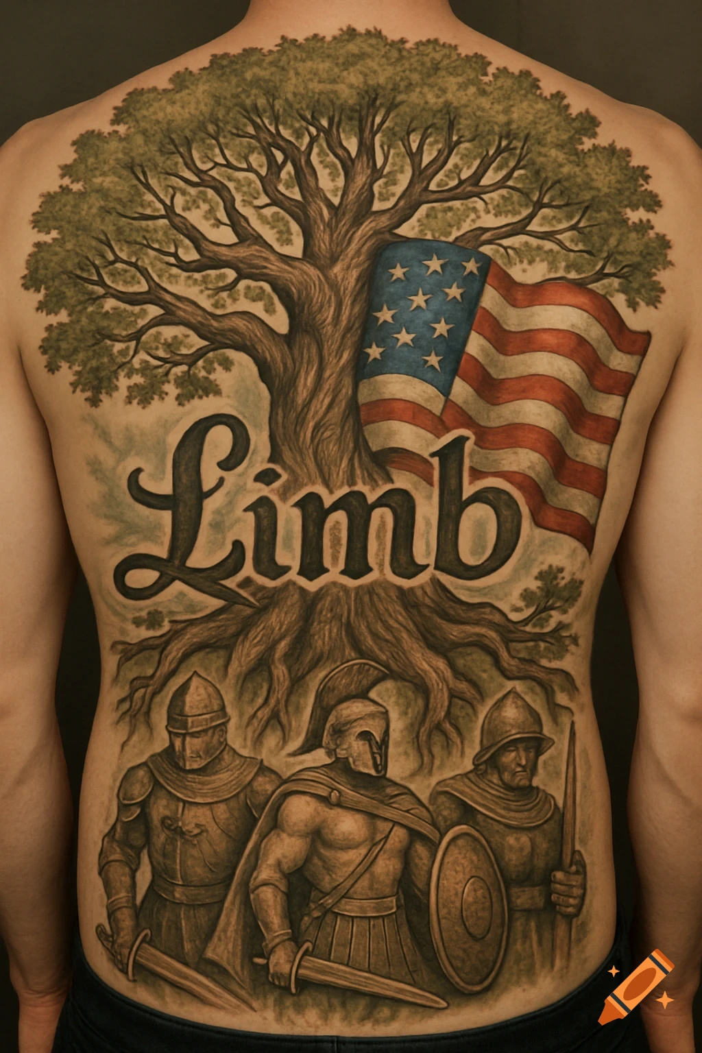 A detailed back tattoo featuring a large tree, an American flag, the name 'Limb', and three ancient warriors.
