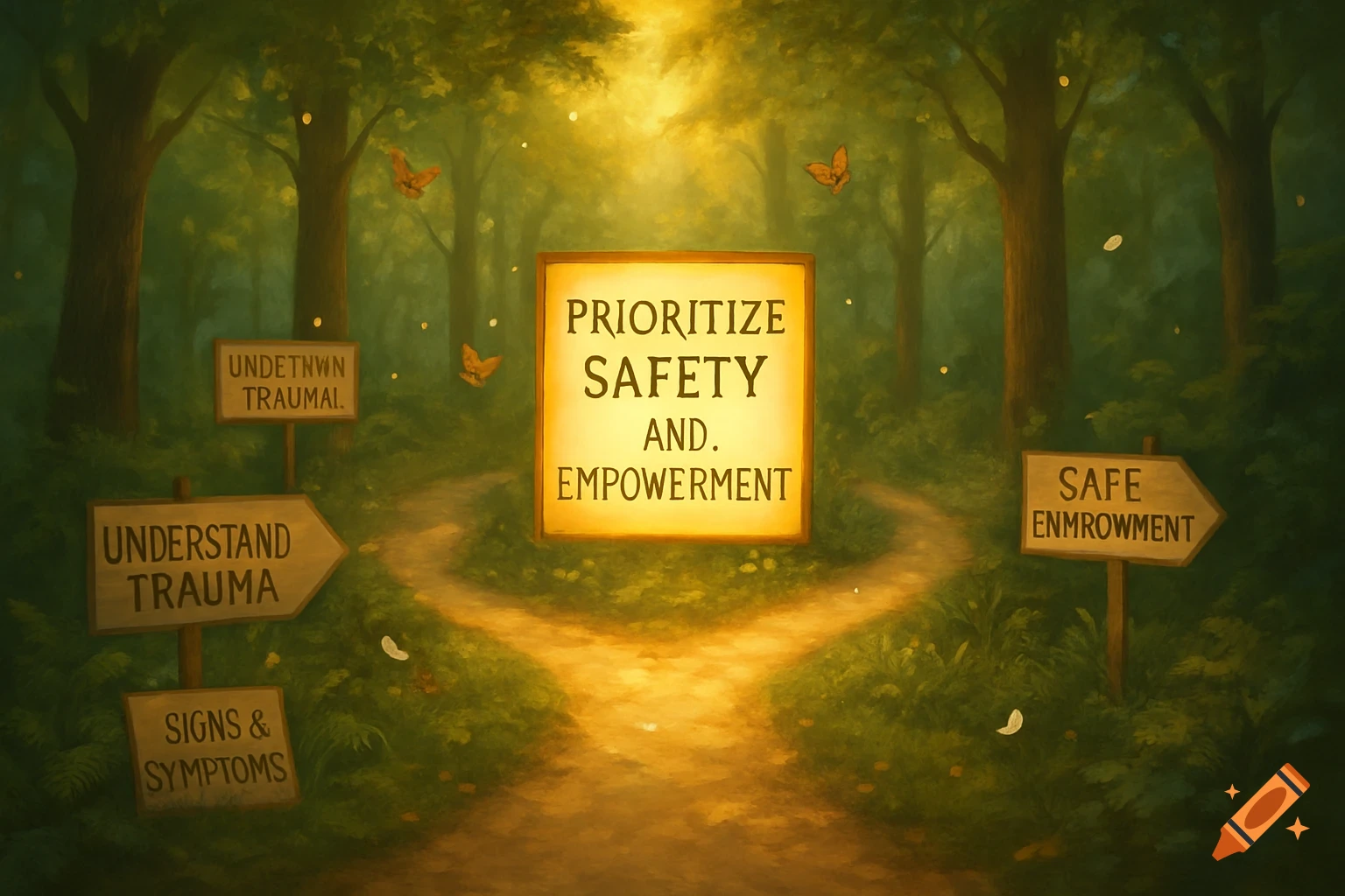 A dreamlike forest path with a glowing central sign reading "PRIORITIZE SAFETY AND. EMPOWERMENT". Other signs point to paths labeled "UNDERSTAND TRAUMA" and "SIGNS & SYMPTOMS" on the left, and garbled text on other signs.
