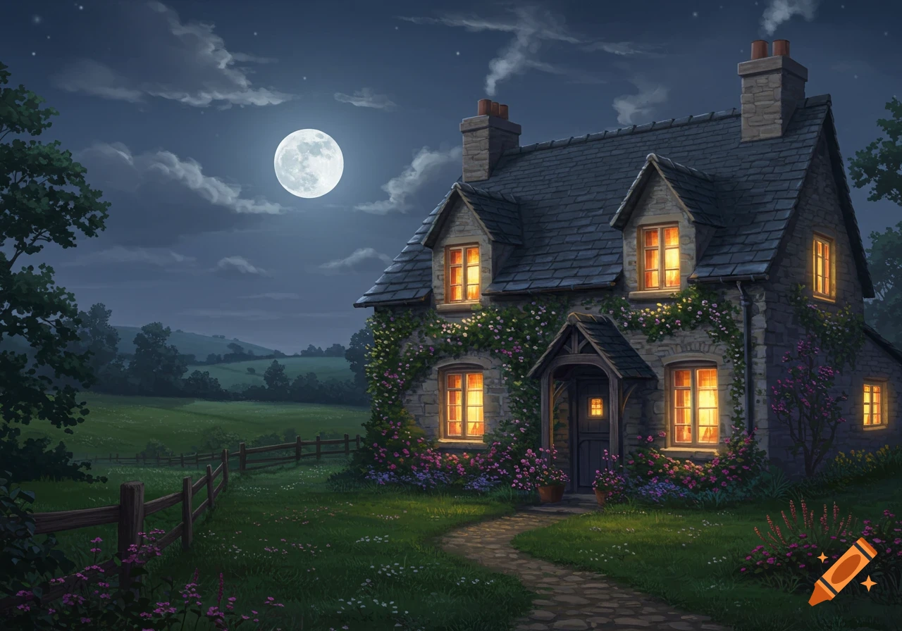 A cozy stone cottage with illuminated windows under a full moon in a lush green field at night.