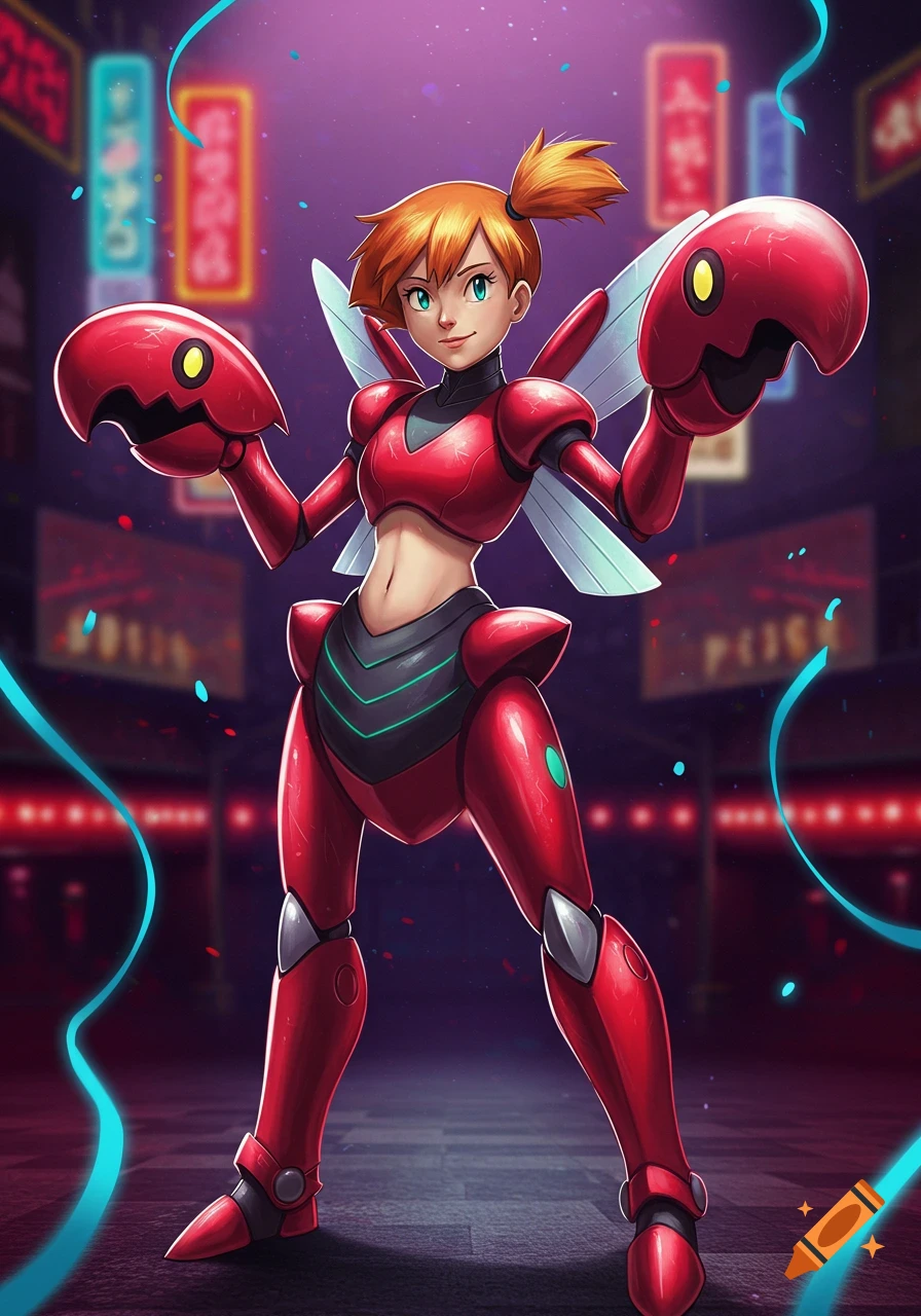 Misty from Pokemon cosplaying as Scizor, standing in a vibrant, neon-lit cityscape background, in a dynamic anime style.