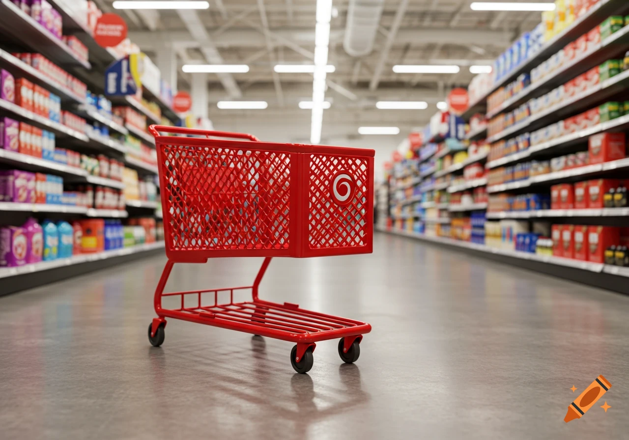 A red shopping cart sits in the middle of a supermarket aisle, with blurred shelves of products stretching into the distance on both sides.