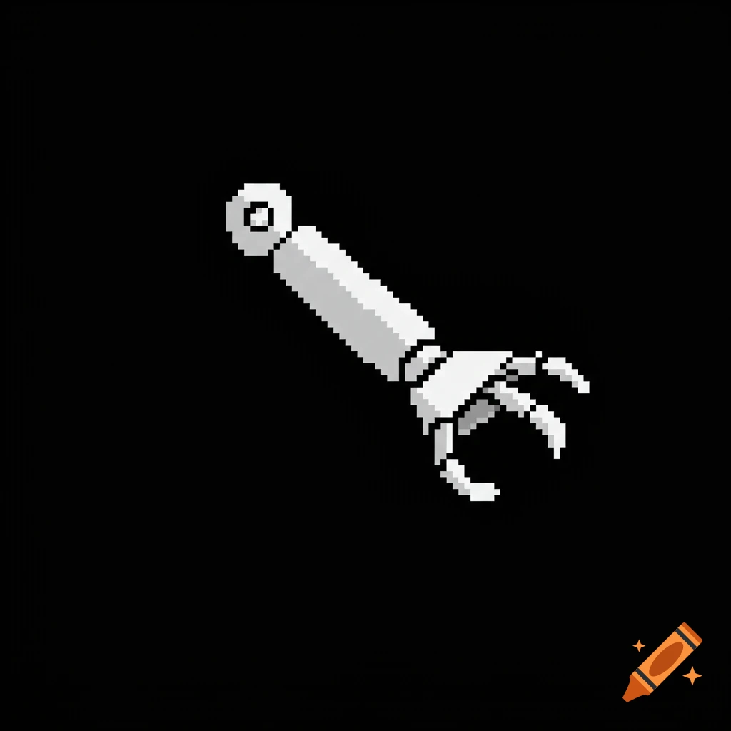 Black and white pixel art of a simple robotic arm with a circular joint and an open claw on a black background.