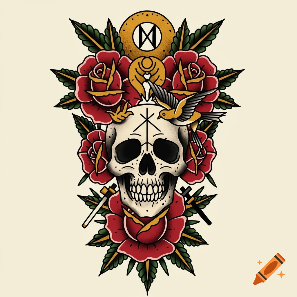 American traditional tattoo illustration of a skull with red roses, green leaves, birds, and symbolic emblems.