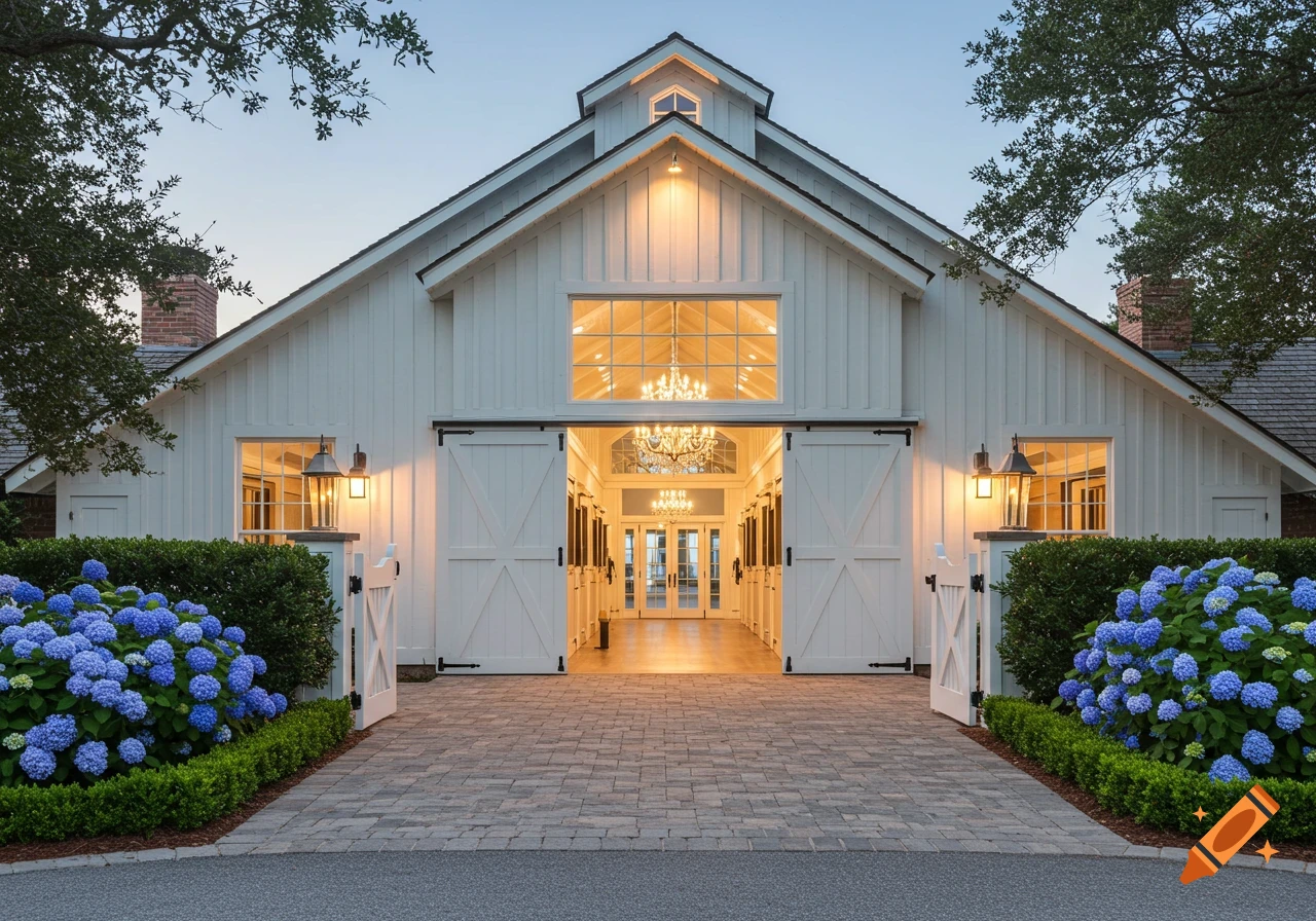 A grand white barn with open doors, chandeliers visible inside, and a paved entrance lined with blue hydrangeas and green boxwood hedges.