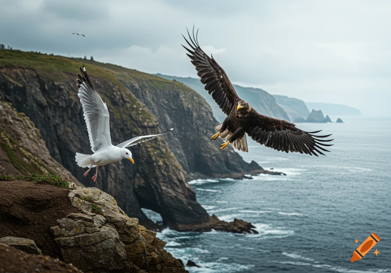 Photorealistic image of a seagull and an eagle flying over rugged coastal cliffs and the ocean.