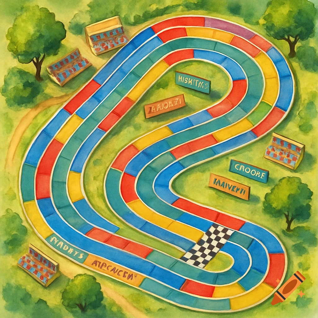 An overhead watercolor painting of a colorful board game race track with red, blue, yellow, and green segments, winding through a grassy landscape with small trees and checkerboard finish line.