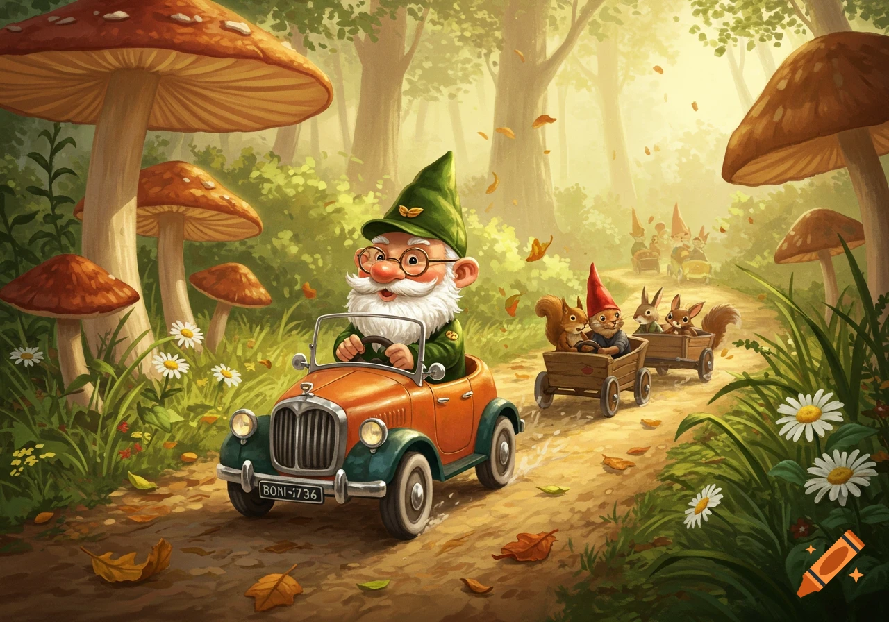 A happy gnome in a green hat drives a vintage car through a whimsical forest with giant mushrooms and falling leaves, followed by animals in wagons.