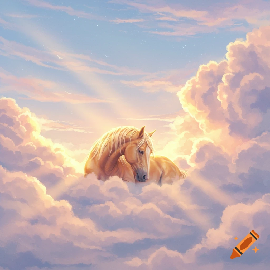 A palomino horse with a golden mane rests peacefully in soft, glowing clouds against a serene blue and pink sky.