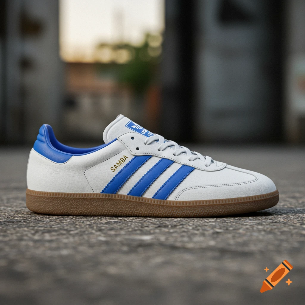 White Adidas Samba sneaker with blue stripes and a gum sole on a concrete surface.
