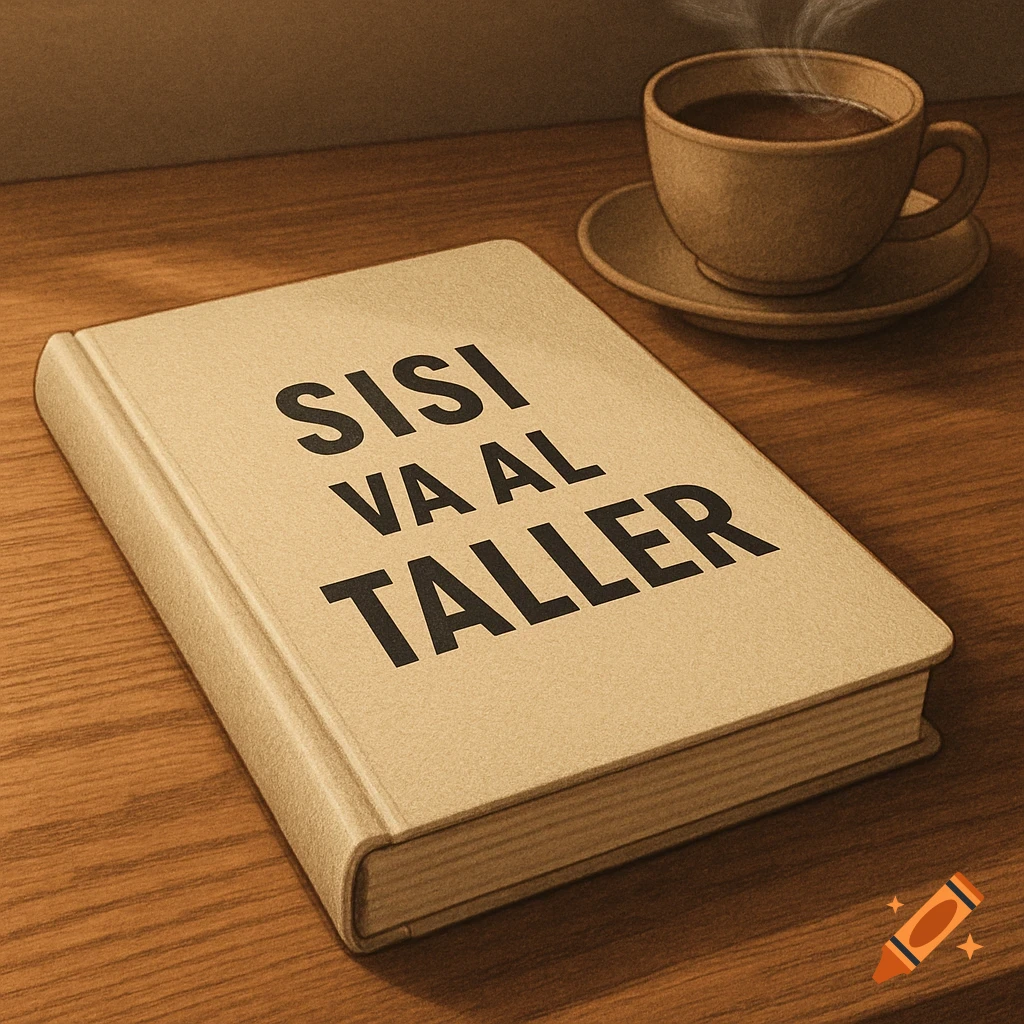 A tan book titled "SISI VA AL TALLER" sits on a wooden table next to a steaming cup of coffee.