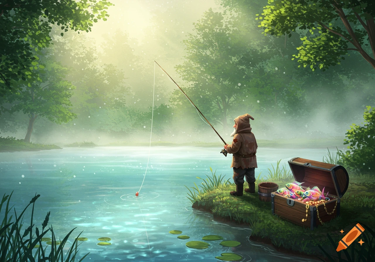 A gnome fishes by a misty forest lake, with a treasure chest full of colorful fish and gold, in a whimsical fantasy style.