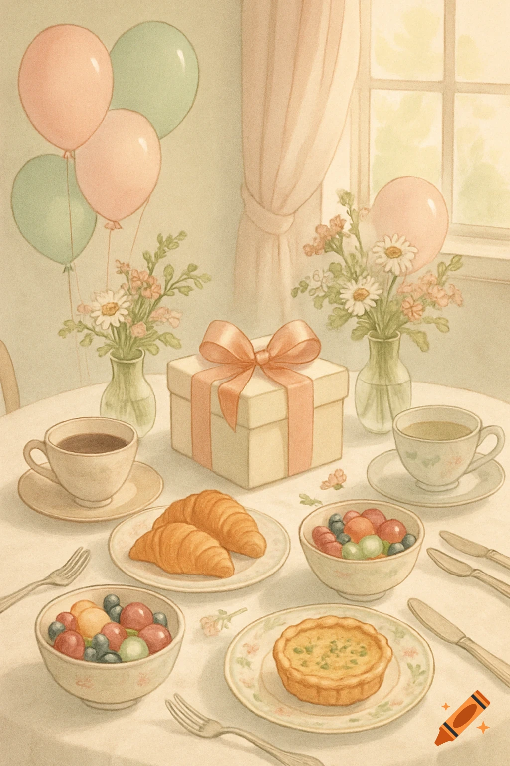 A pastel watercolor illustration of a table set for brunch with croissants, fruit salads, teacups, flowers, balloons, and a gift box.