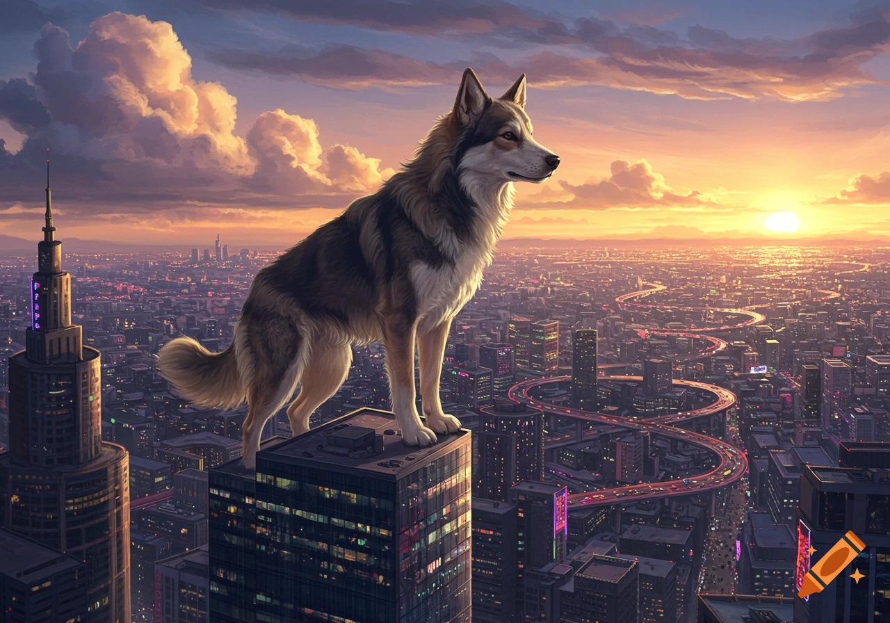 A majestic giant wolf-like dog stands on a skyscraper overlooking a vast cityscape bathed in the golden light of a sunset.