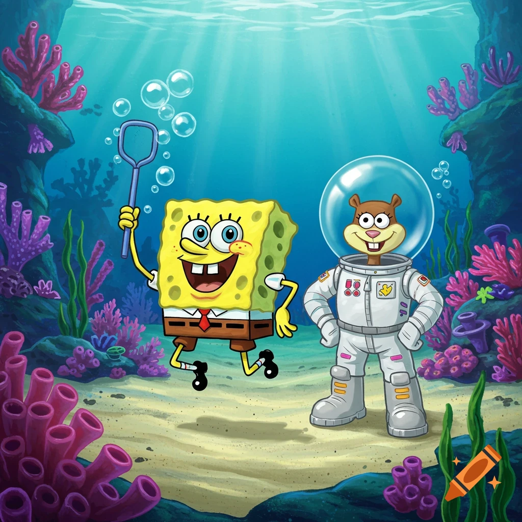 Spongebob holds a bubble wand next to Sandy Cheeks in her space suit, both smiling underwater among coral.