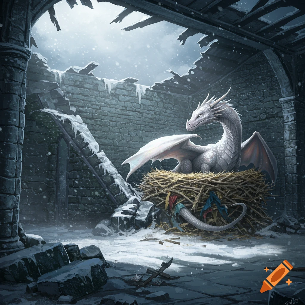 A majestic white dragon sits in a nest of straw and cloth within a snow-covered ruined stone castle.