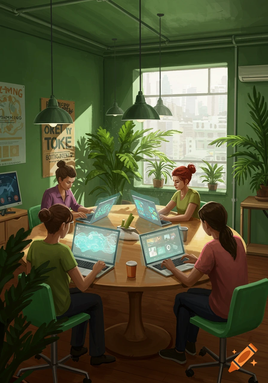 Four women work on laptops at a round table in a green office filled with plants, with a city view outside the window. Illustration.