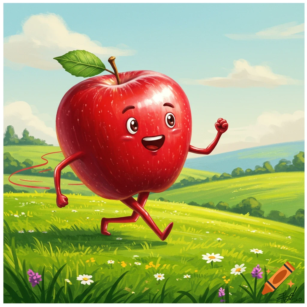 A cheerful red cartoon apple with a smiling face, arms, and legs runs through a vibrant green, flowery field under a blue sky.