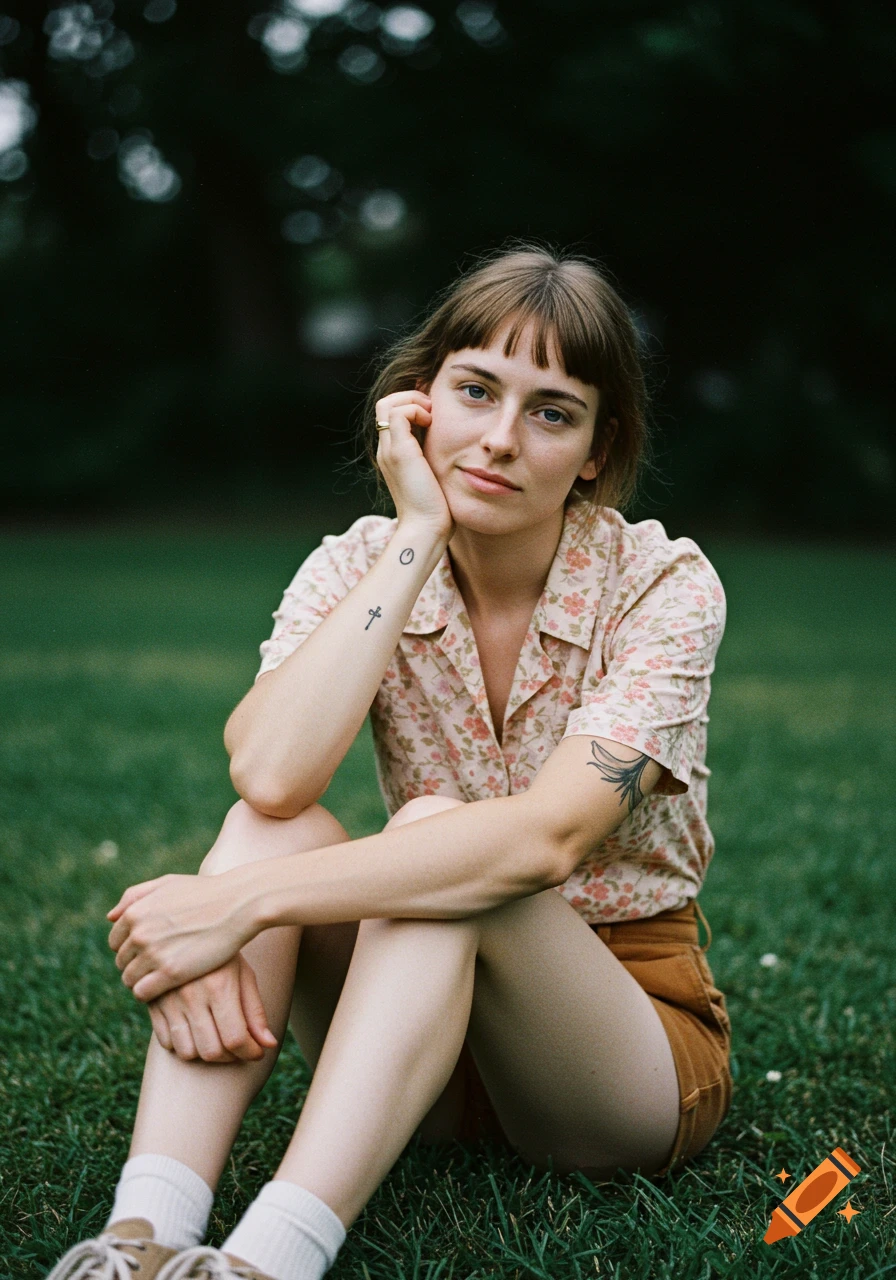 A pale woman with bangs and tattoos sits on green grass, wearing a floral shirt and shorts, looking at the camera. Film photography style.