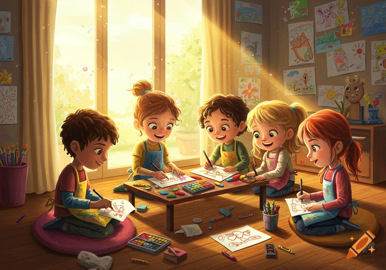 Four happy children draw with crayons and paint at a low table in a sunny classroom, surrounded by colorful drawings.