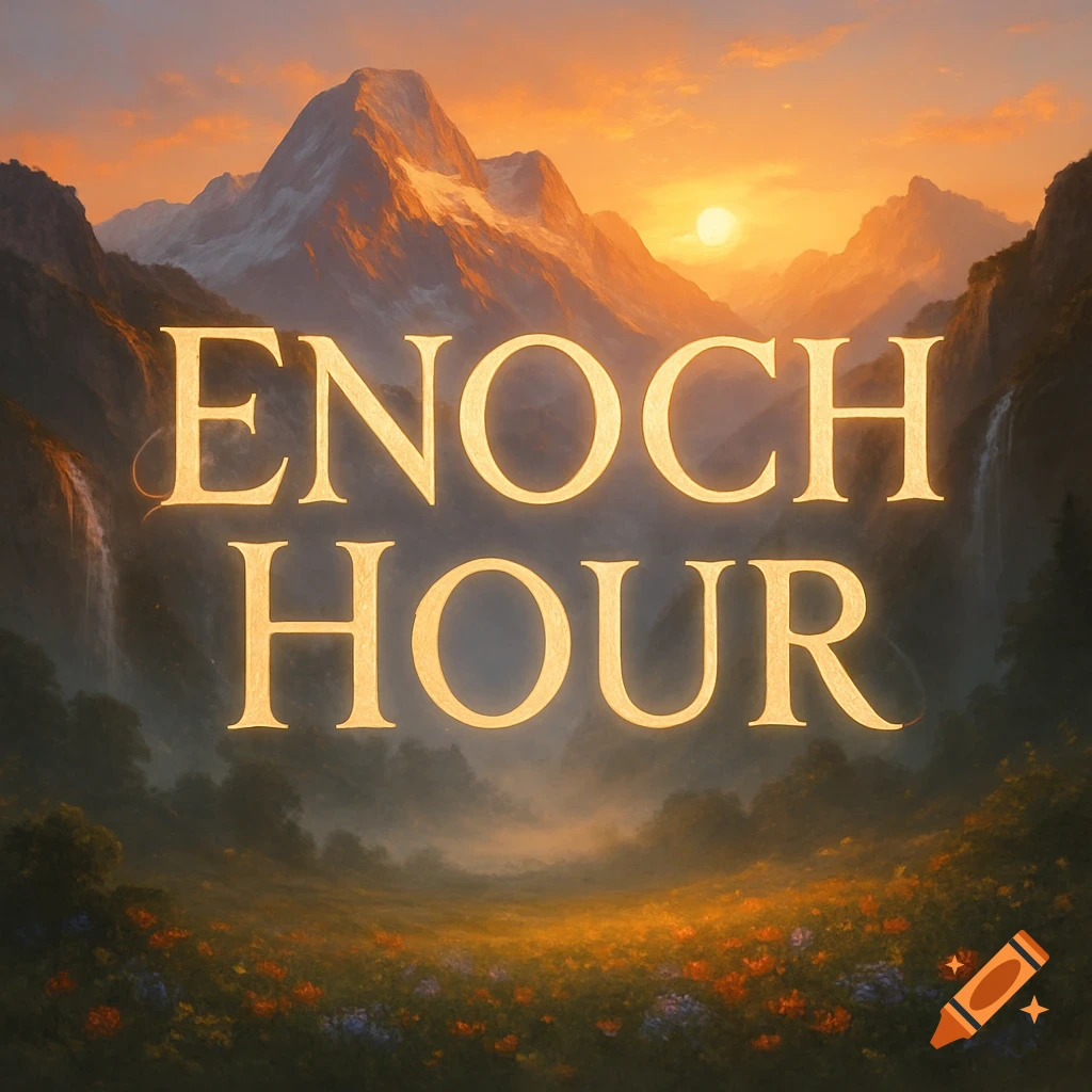 Majestic golden text 'ENOCH HOUR' floating over a serene mountain landscape with waterfalls, lush meadows, and a vibrant sunset.