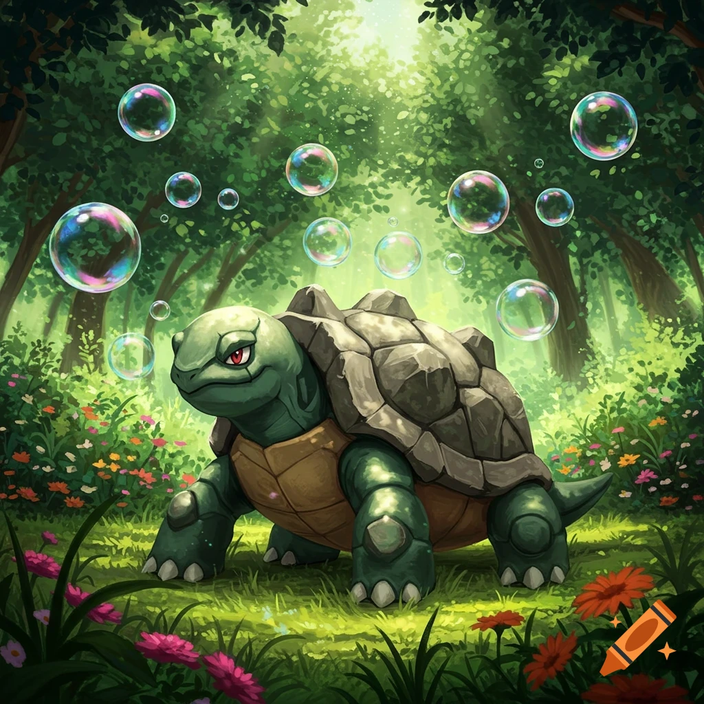 A green, rock-shelled Pokémon creature stands in a lush, sunlit fantasy forest with many iridescent soap bubbles floating around.