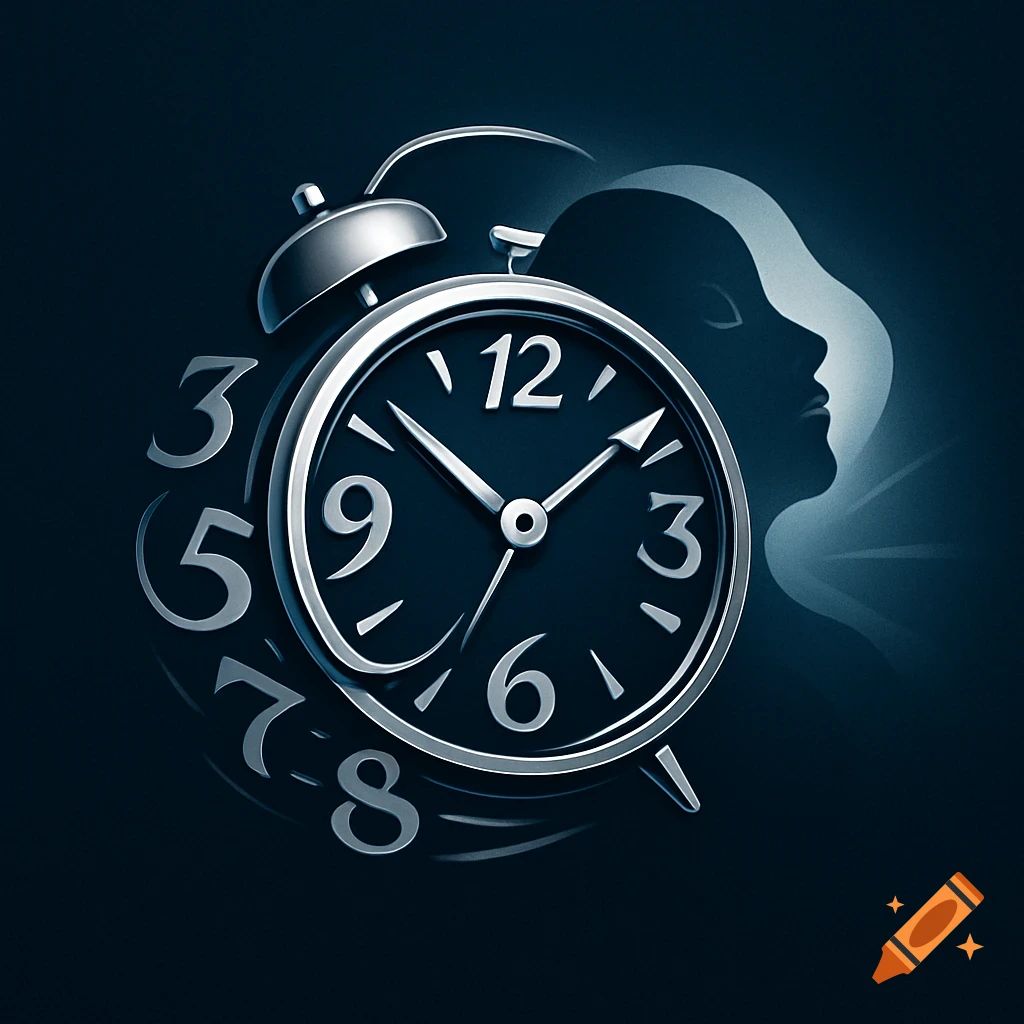 A conceptual dark illustration of an alarm clock with numbers blurring around it, and a faint silhouette of a sleeping person.