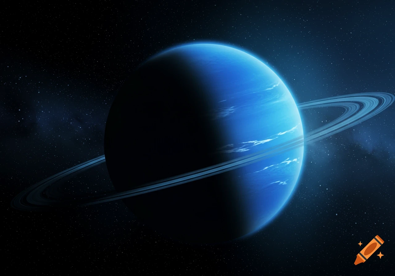 A blue gas giant planet with prominent rings, illuminated on one side, against a dark, star-filled space background.