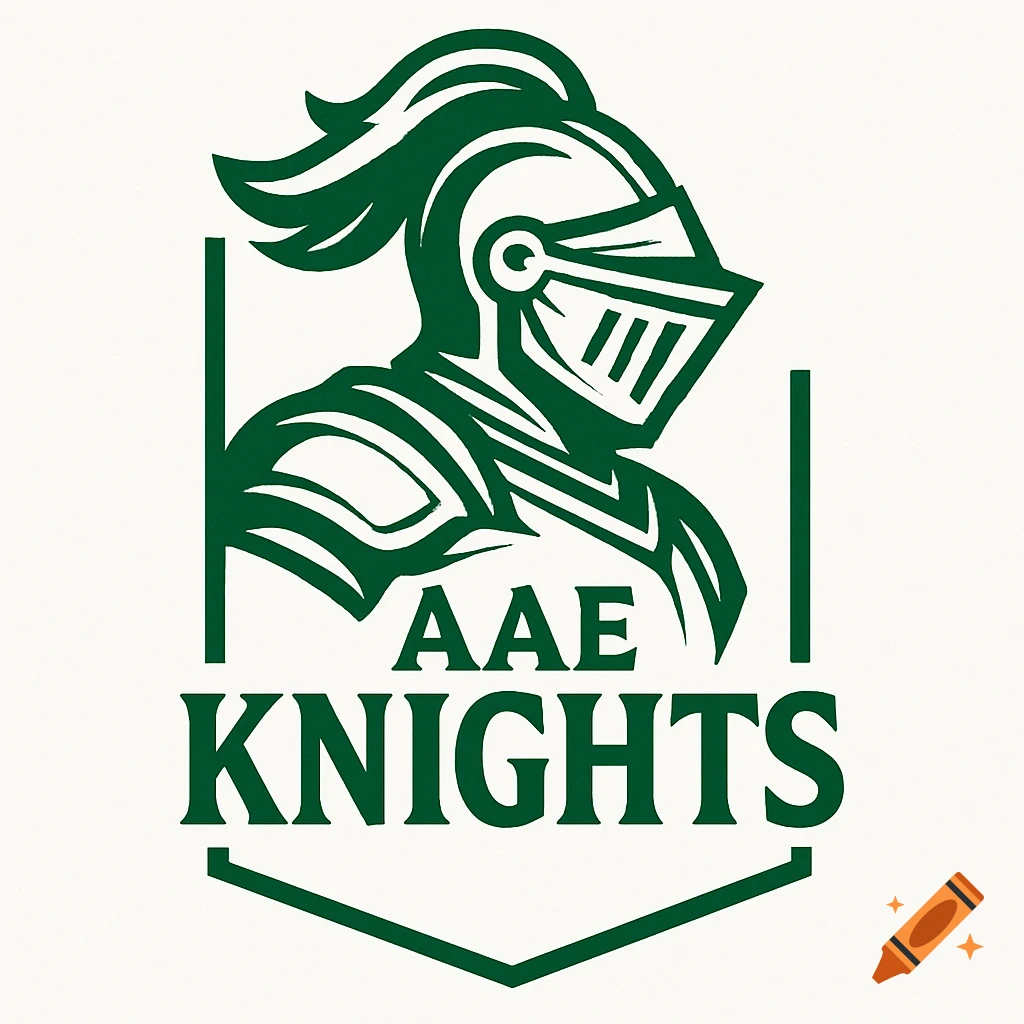 A green and white logo featuring a knight's helmet with a plume, above the text 'AAE KNIGHTS'.