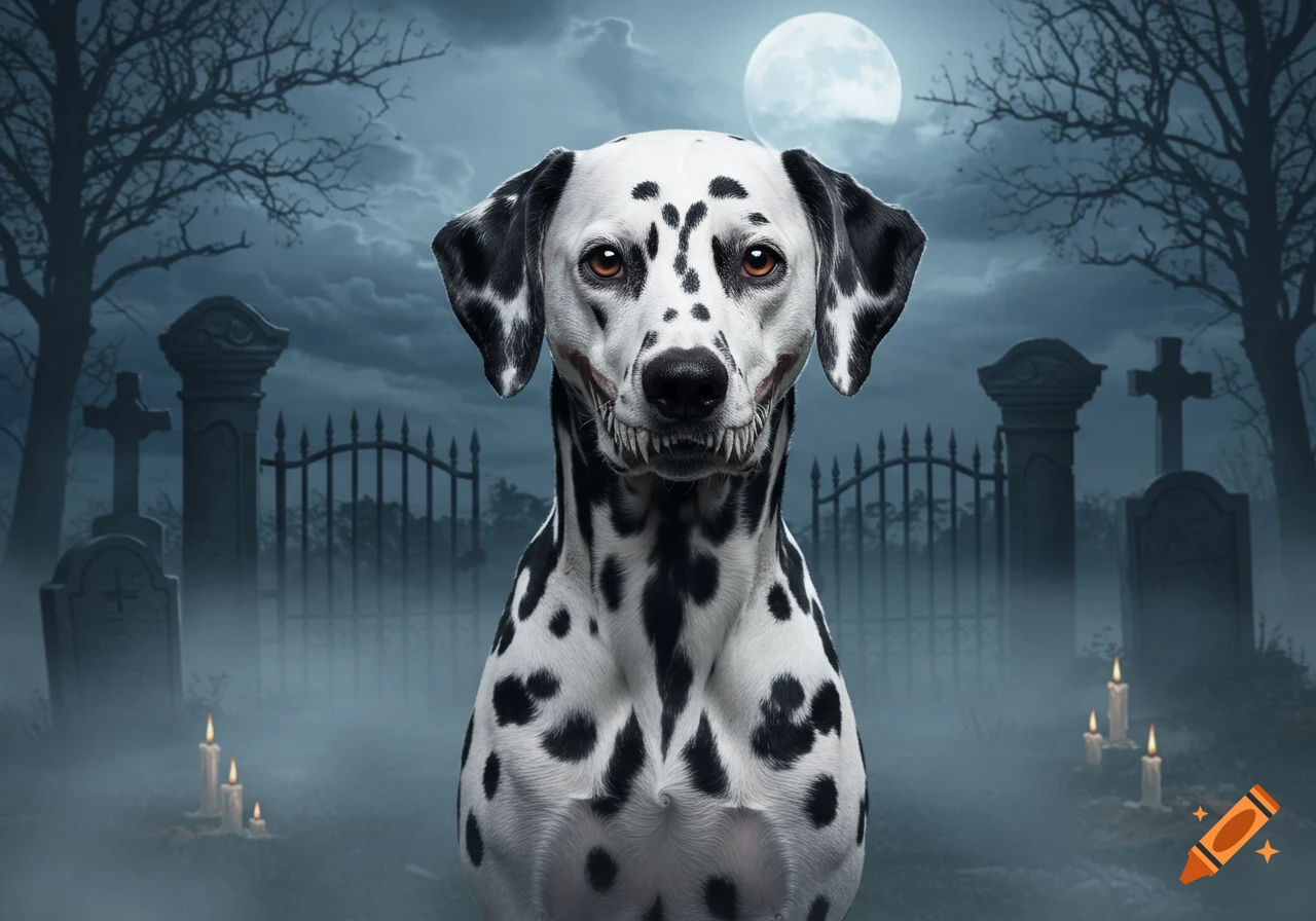 Photorealistic Dalmatian with skeletal 'corpse paint' grin stands in a foggy, candlelit graveyard under a full moon.