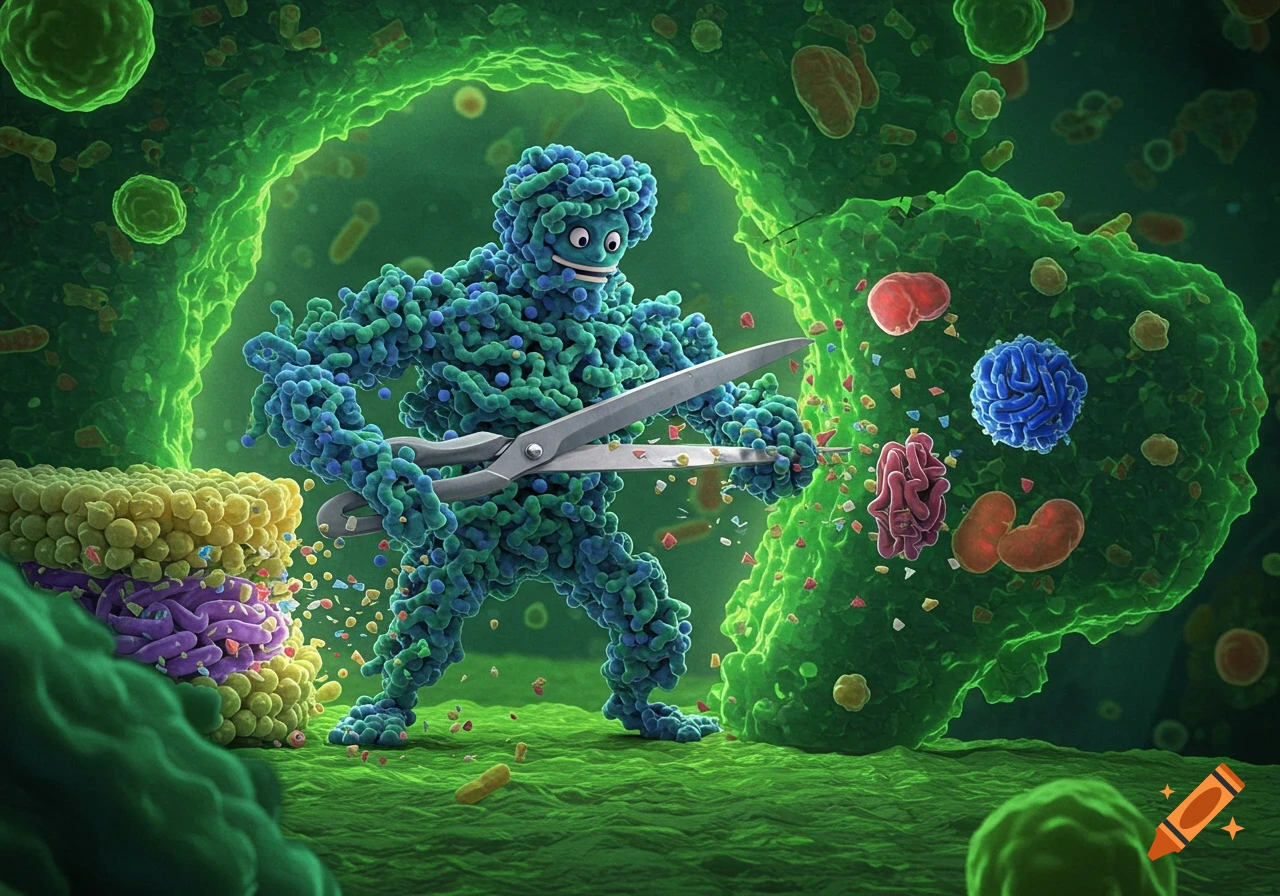 A blue and green microscopic character with a face uses scissors to cut a giant green cell wall, surrounded by various cell particles.