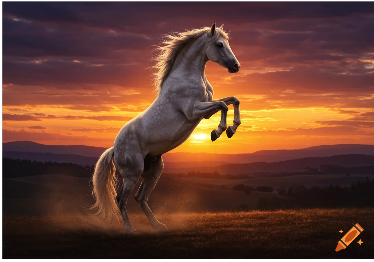 A majestic white horse rears on its hind legs against a vibrant orange and purple sunset over rolling hills.