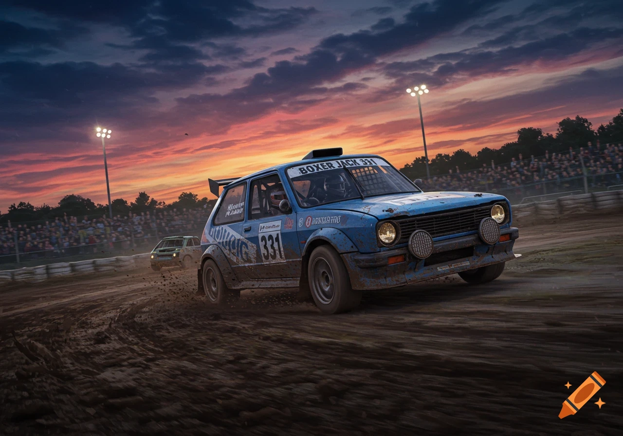 A blue Boxer Jack 331 rally car races on a muddy dirt track at sunset with spectators and stadium lights.