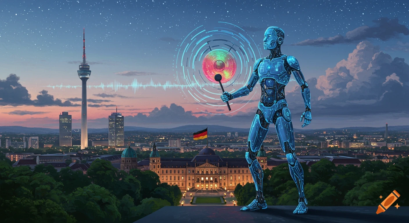 A glowing blue robot holds a mallet above an illuminated Stuttgart cityscape at dusk, with the TV tower, a palace with a German flag, and a soundwave in the sky.