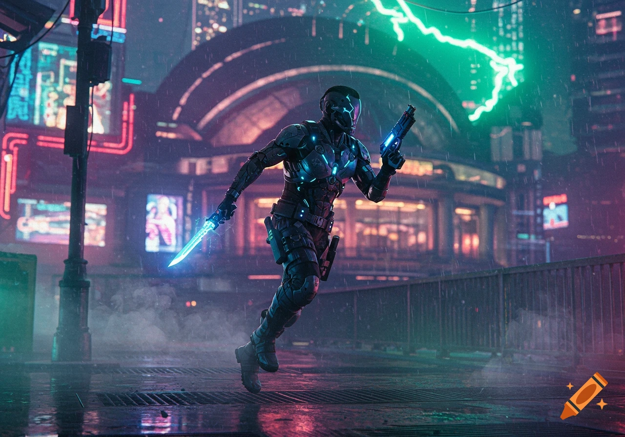 A person in glowing cyber armor runs with a plasma gun and a glowing knife through a rainy cyberpunk city at night.