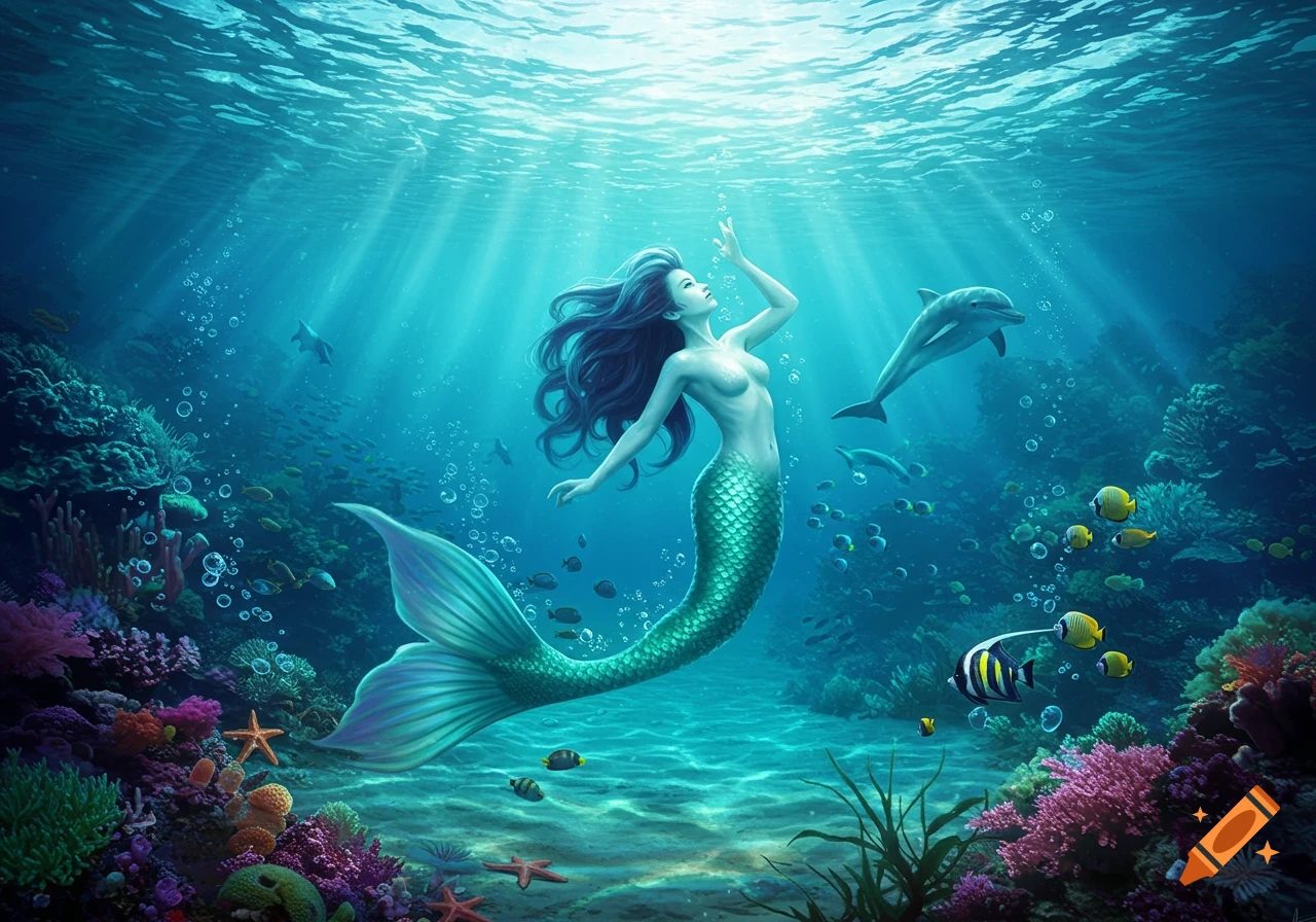A graceful mermaid with blue hair swims in a vibrant, sunlit coral reef with colorful fish and a dolphin.