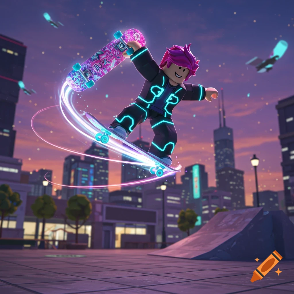 A pink-haired Roblox character in a glowing suit performs a skateboard trick, surrounded by neon light trails over a city at sunset.