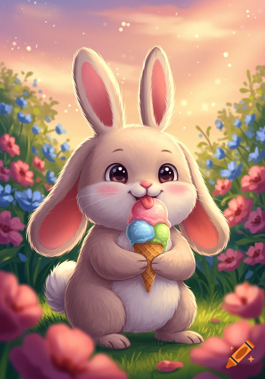 A cute cartoon bunny with large ears happily licks a colorful triple-scoop ice cream cone in a field of pink and blue flowers at sunset.