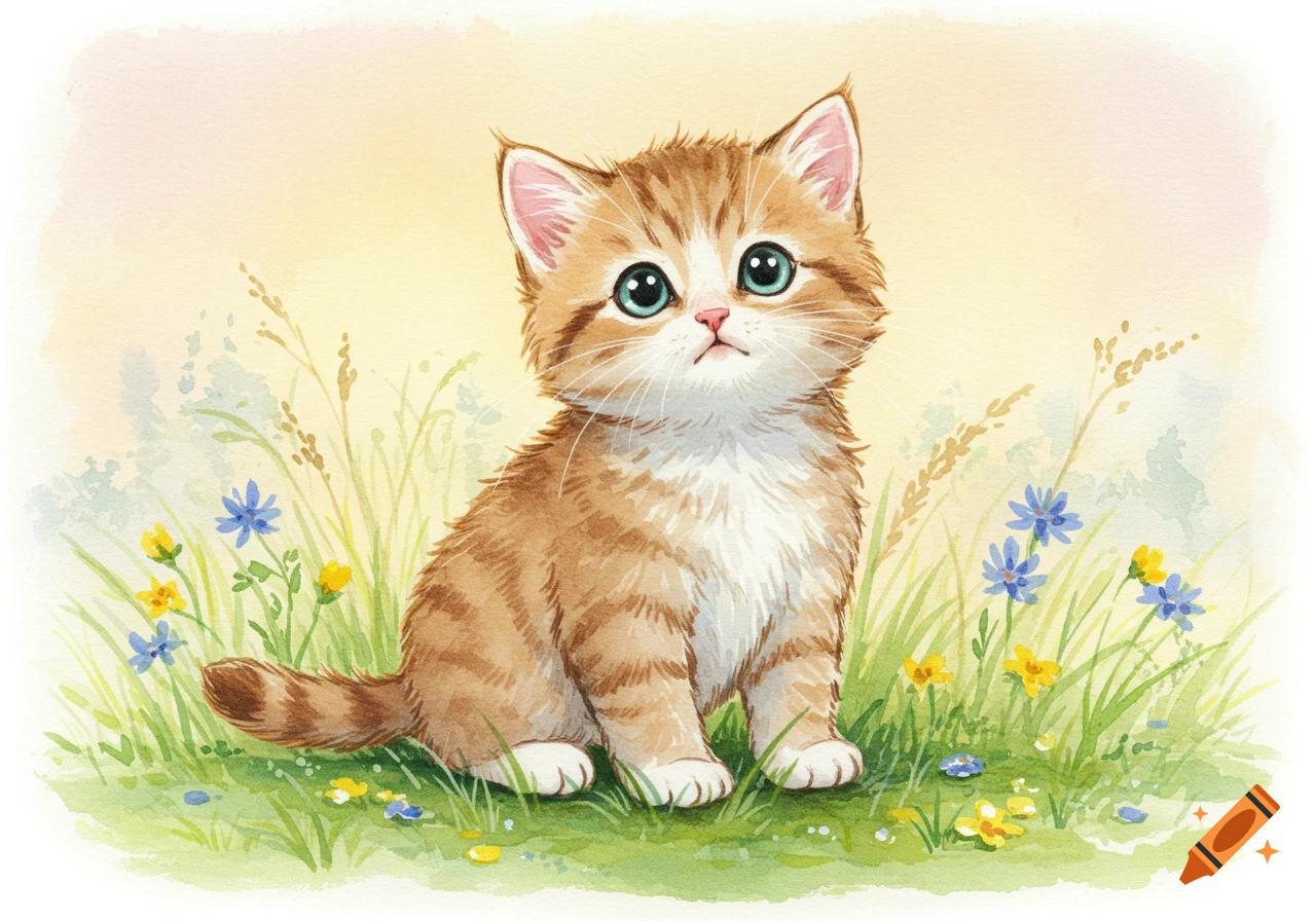 A fluffy ginger and white watercolor kitten with big blue eyes sits in a grassy field with small blue and yellow flowers.