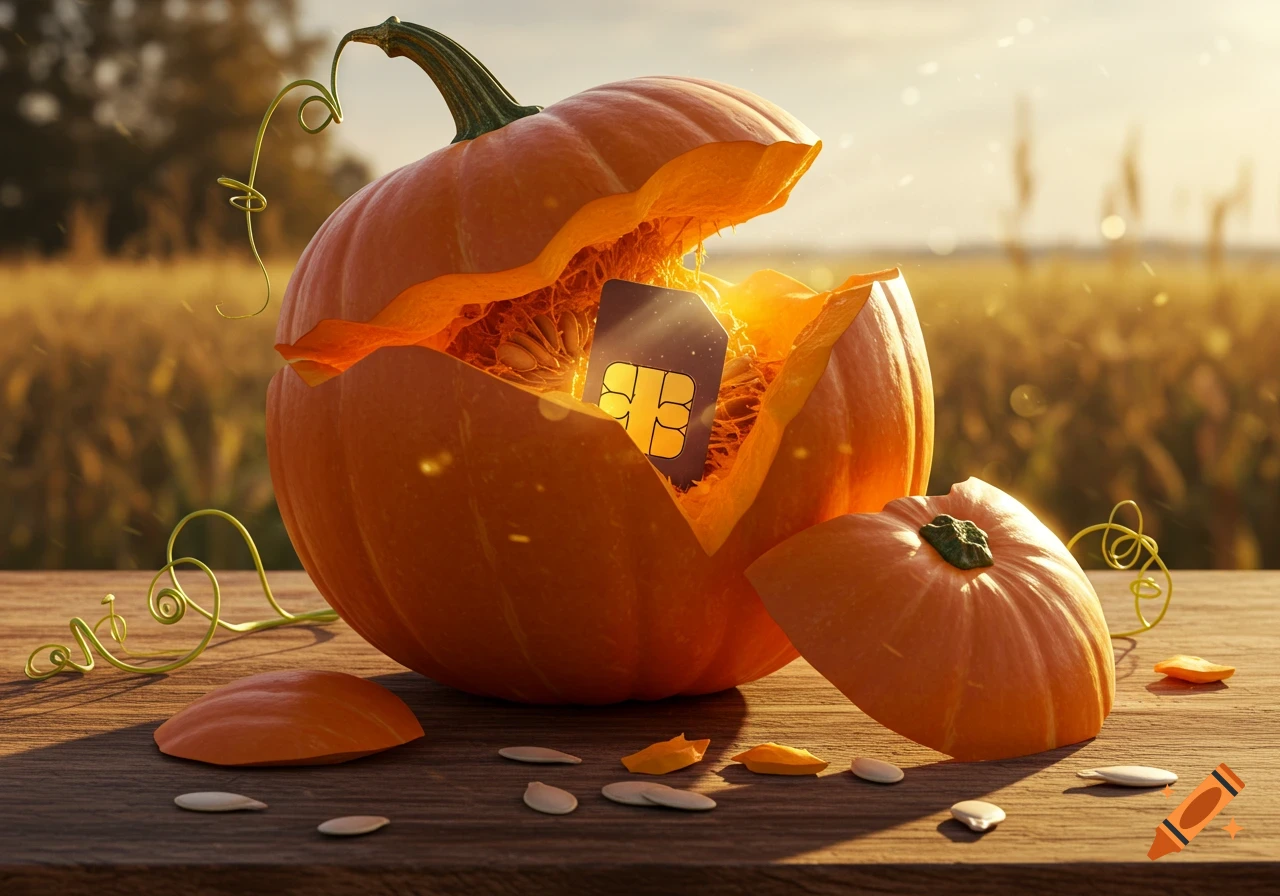 A cracked orange pumpkin with a dark gray SIM card inside, glowing with golden light. The pumpkin sits on a wooden table with seeds and pieces of rind, set against a blurry golden field and sky.