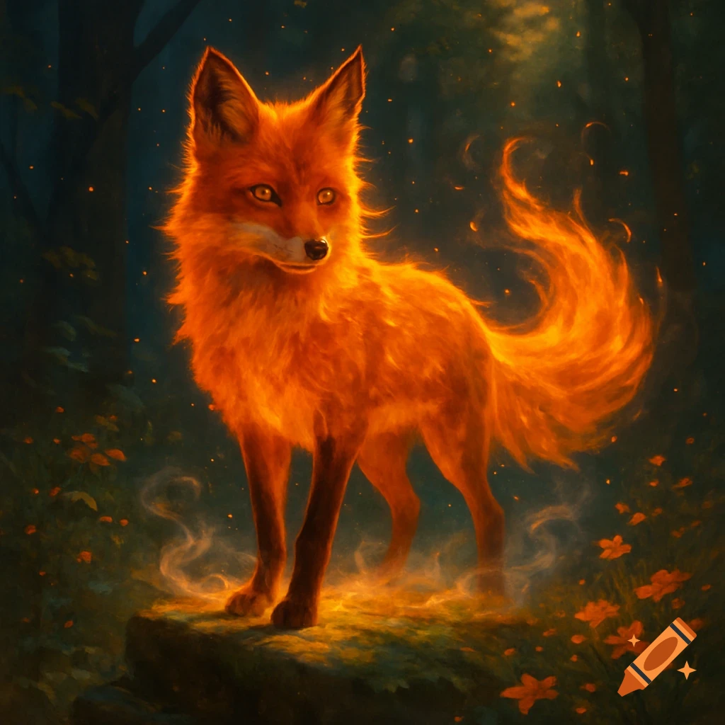 A vibrant orange, glowing fox stands on a mossy rock in a dark, magical forest with embers.