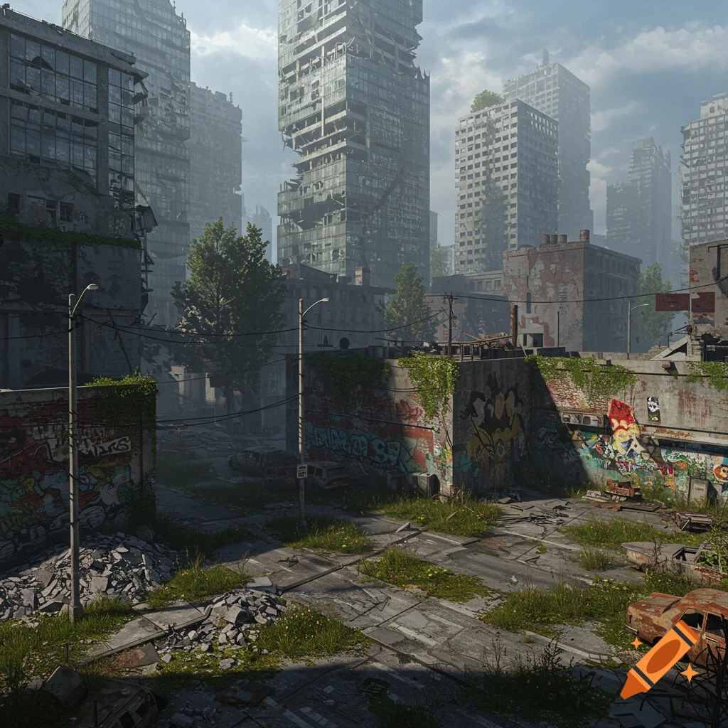 A photorealistic depiction of a ruined, overgrown city street with dilapidated skyscrapers and graffiti-covered walls.