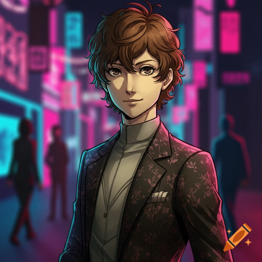 Anime character with brown curly hair in a suit jacket, standing in a neon-lit city street at night, cell-shaded style.