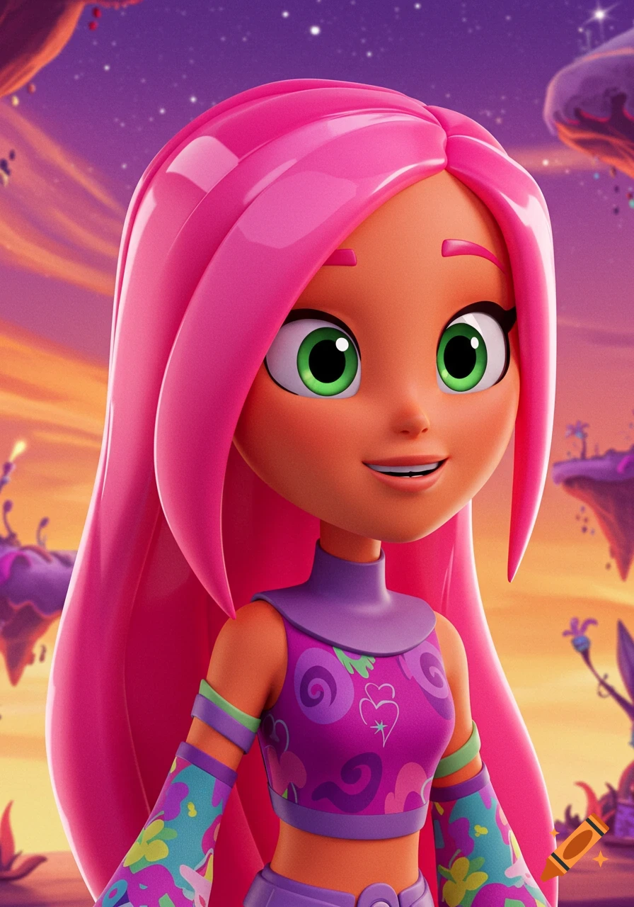 A cartoon girl with long bright pink hair, orange skin, and big green eyes smiles. She wears a purple crop top and armbands, standing against a vibrant purple and orange alien landscape with floating islands.