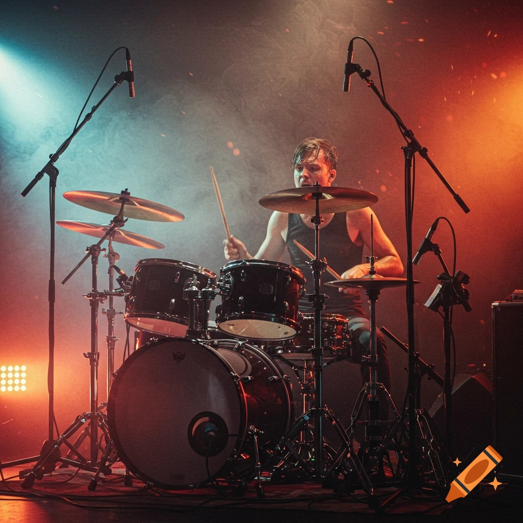 A man energetically plays a drum kit on a smoky stage lit by blue and orange spotlights.