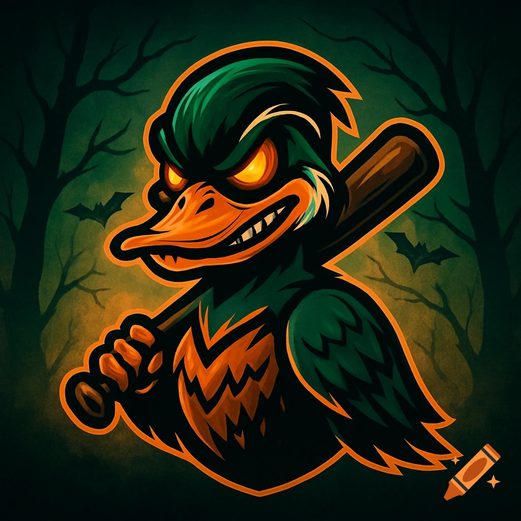 A scary orange and green duck mascot with glowing eyes, holding a baseball bat over its shoulder, against a dark, spooky Halloween forest background with bats.
