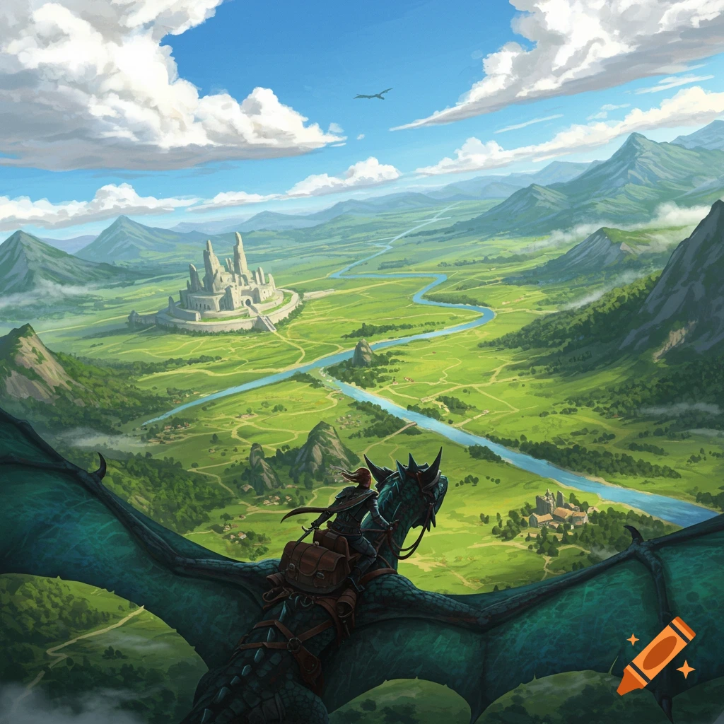 Point of view from a person riding a green dragon, soaring over a vast green fantasy valley with a white castle, winding river, and mountains under a blue sky.