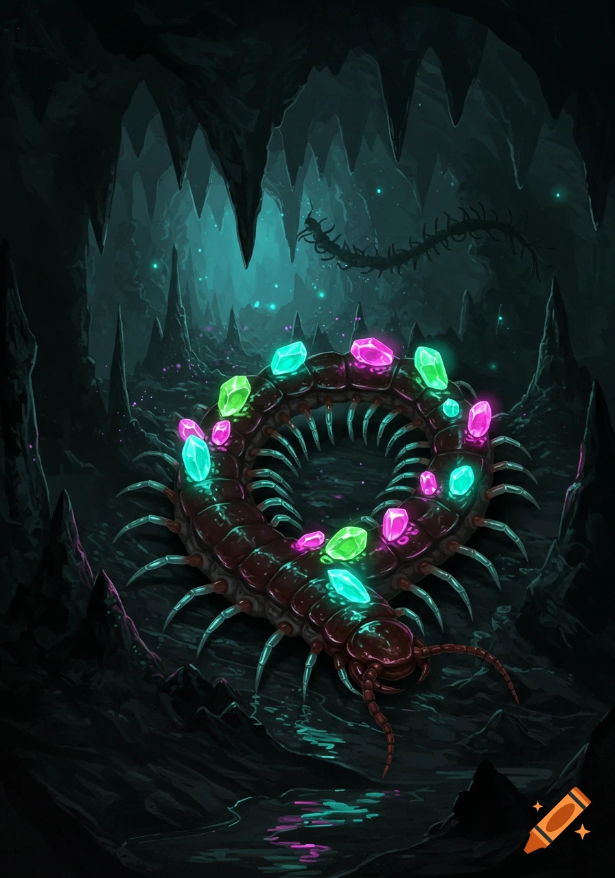A fantastical glowing centipede with many legs, covered in bright pink and green gems, curls in a dark, mysterious cave with stalagmites.